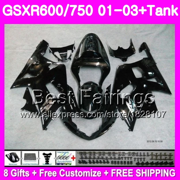 

Fairing+Tank cover For SUZUKI GSX R750 GSXR750 01 02 03 K1 1B869 R600 Glossy black GSXR 600 750 2001 2002 2003 GSXR600 ALL black