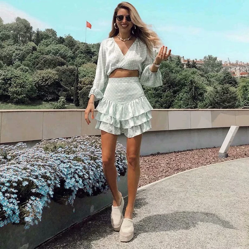 2019 Women Green Summer Za Polka Dota Blouse Female Fashion Lace Up Bow Long Sleeve Shirt For Sweer