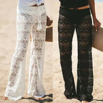 

Women’s Crochet Summer Lace Beach Wide Leg Flare Pants See Through Swimwear Beach Long Trousers