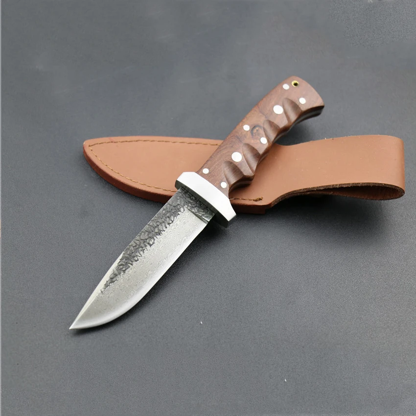 wholesale pattern Damascus steel manual forged straight knife 62HRC hardness outdoor self-defense knife hunting