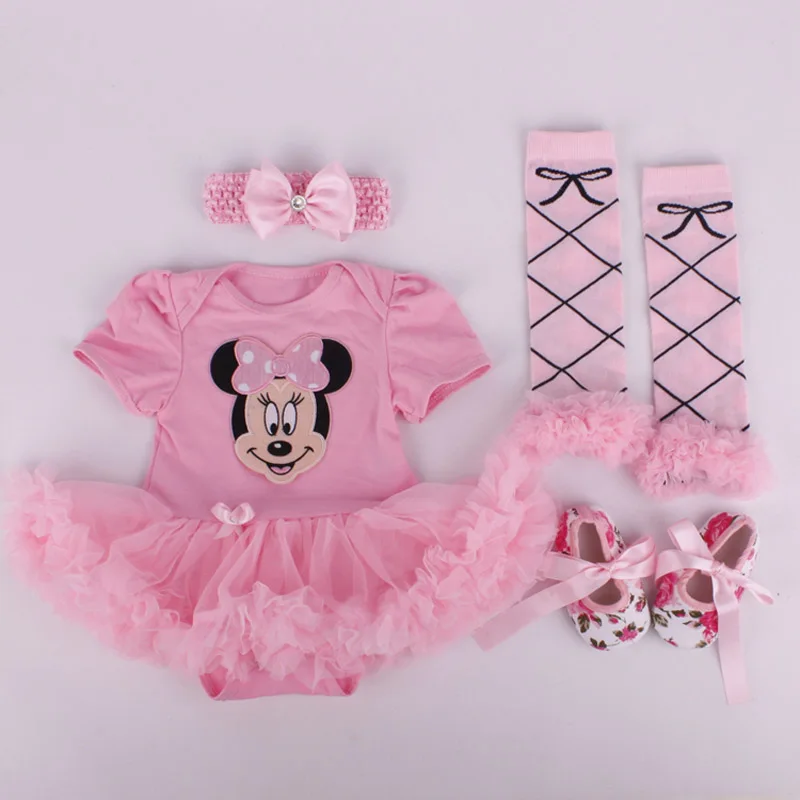 

4PCs per Set Infant Lace Romper Pink Cartoon Baby Girls Tutu Dress Headband Shoes Leggings for 0-12months Free Shipping