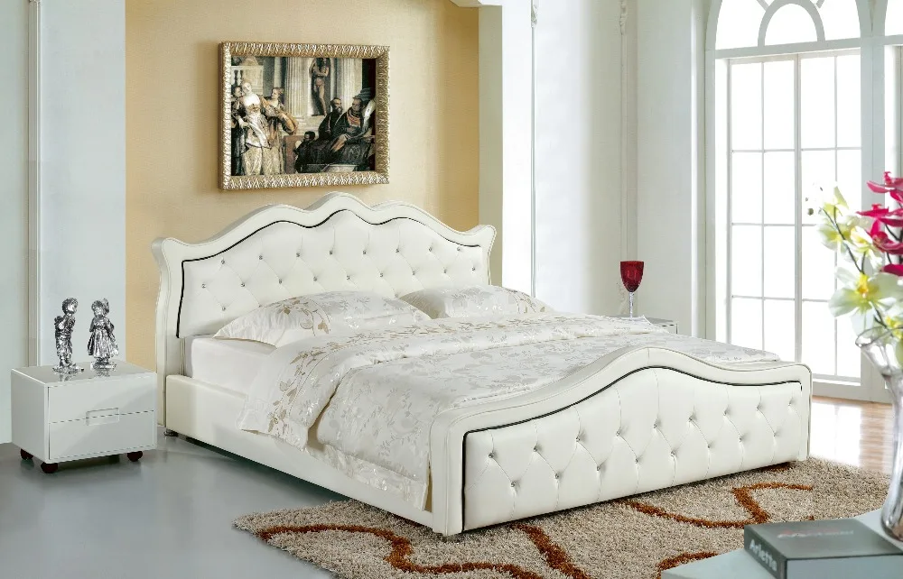 Топ градуированная корова натуральная кожаная кровать/мягкая кровать/двуспальная кровать king/queen Размер спальня мебель для дома коричневый цвет+ 2 тумбочки