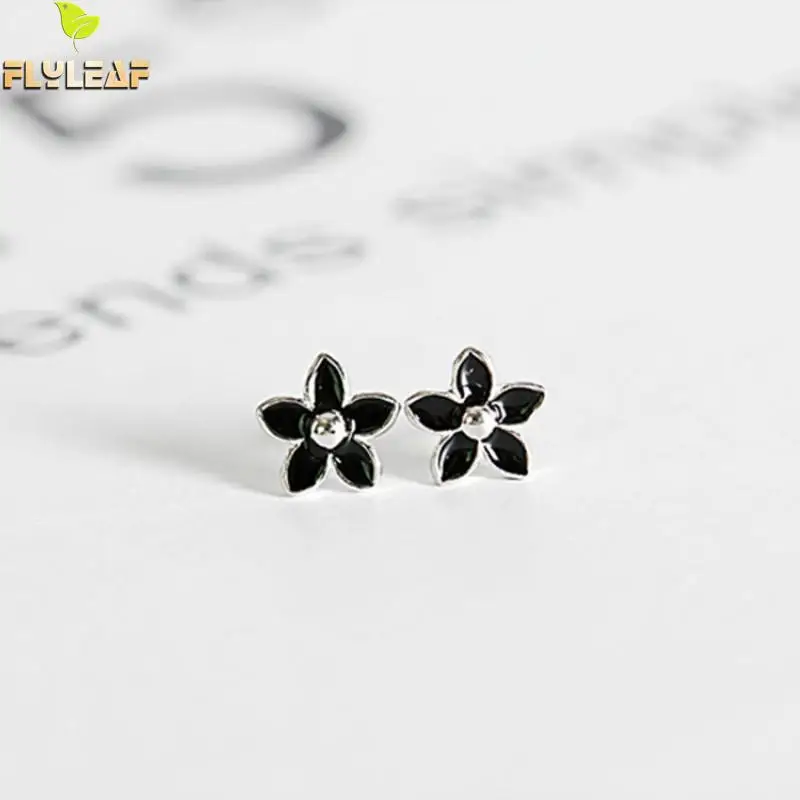 

Flyleaf 100% 925 Sterling Silver Black Drop Glaze Flower Stud Earrings For Women Fashion Party Jewelry