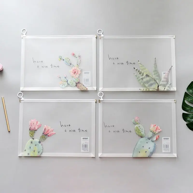 

4pcs Cactus A4 Transparent Document Bag Pouch File Storage Filing Organizer Waterproof Stationery Case School Office Supplies