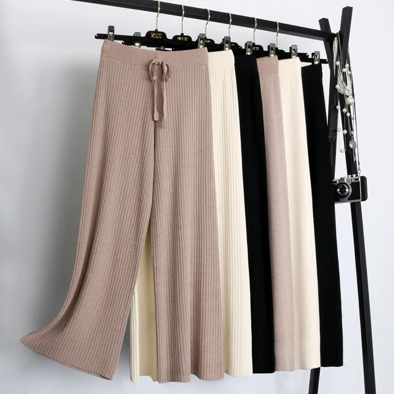 

New Korean Women Thin knitted Wide Leg Pants Spring Autumn Casual Drawstring Elastic High Waist Trousers Female Loose Pant S1275