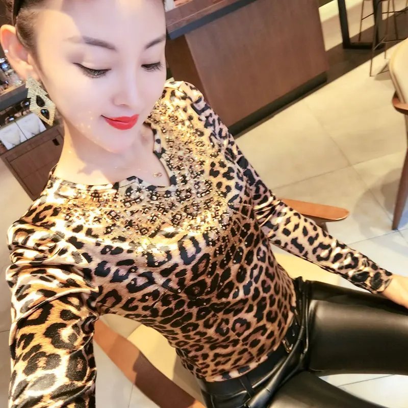 

V Neck diamond Women Leopard Satin T-shirts Lady Bead Work Satin Pullovers Tops