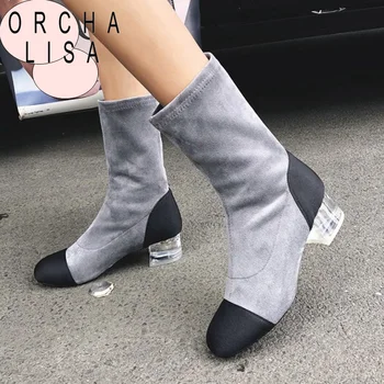 

ORCHA LISA 2018 geniune Leather suade Women ladies mid calf Boots with Clear Transparent Heel low short boots Shoes Women C892
