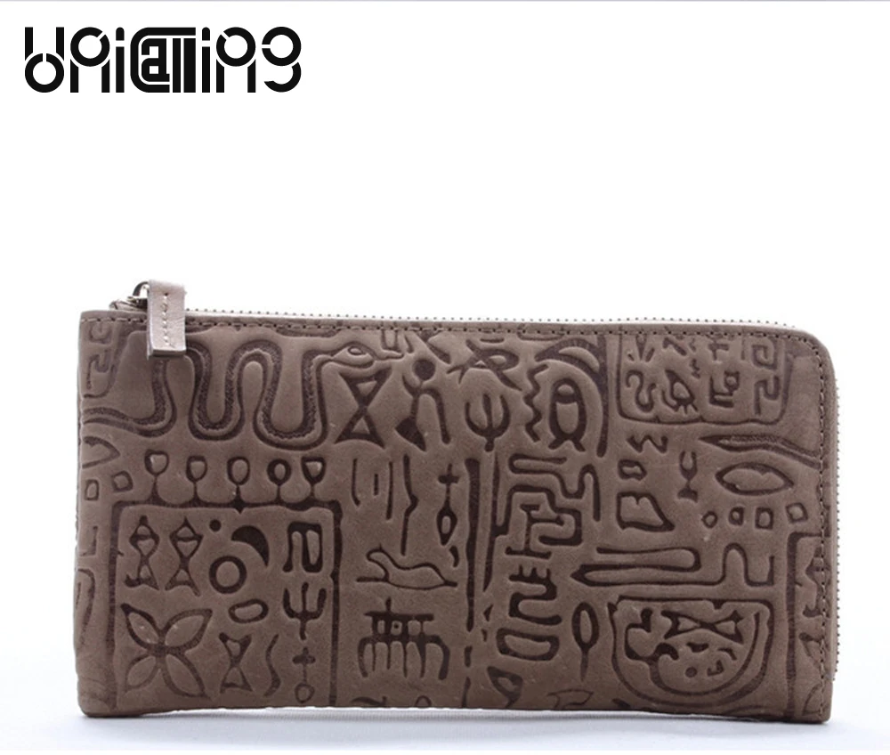 

UniCalling fashion brand wallet women leather zipper wallet vintage hieroglyphic embossing long leather ladies wallet