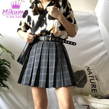 Летняя женская юбка Harajuku, клетчатая плиссированная юбка в стиле панк, для девушек, кавайный стиль, высокая талия, Мини Короткая юбка с поясом, M-4XL
