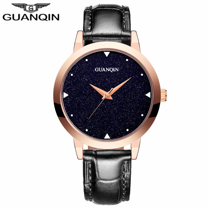

GUANQIN GS19051 Women Watches 2017 New Quartz Watches for Ladies Waterproof Wristwatch with Black Sky Dial and Leather Watchband