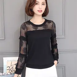 Леди Blusa 2018 шифоновые блузки с длинным рукавом Кружева Вышивка Для женщин рубашки Топы пикантные летние сетки Тонкий Повседневная рубашка