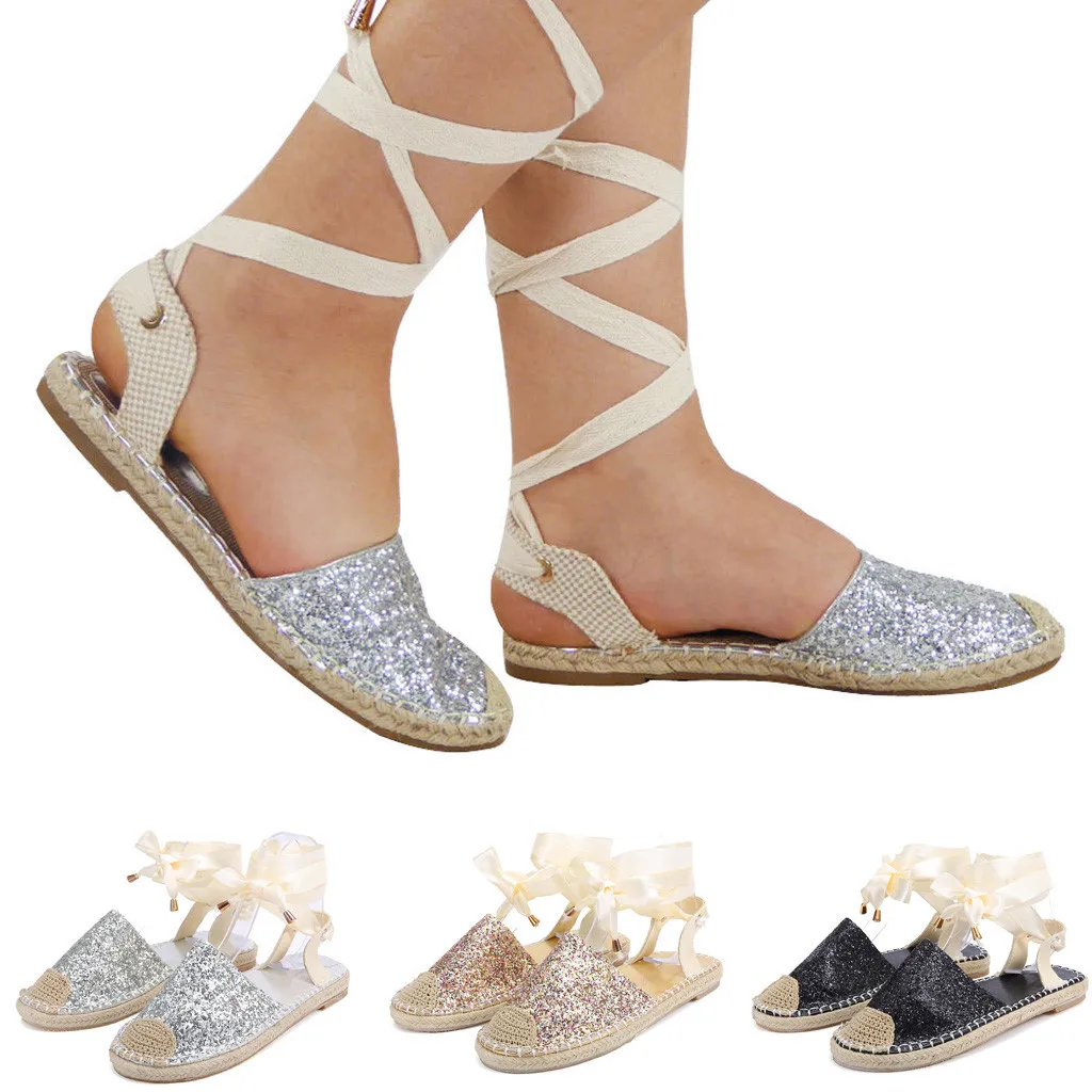 Для женщин соломы круглый носок босоножки Для женщин; Zapatos De Mujer; обувь с блестками, на плоской подошве, летние лодочки с перекрестными ремешками, высокий каблук обувь в римском стиле женские туфли без застежки; chaussures femme