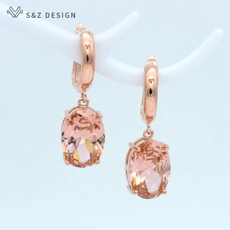 S&Z DESIGN New Oval Cubic Zirconia Egg Shape Dangle Earrings For Women 585 Rose Gold Color Jewelry Wedding Party Gift