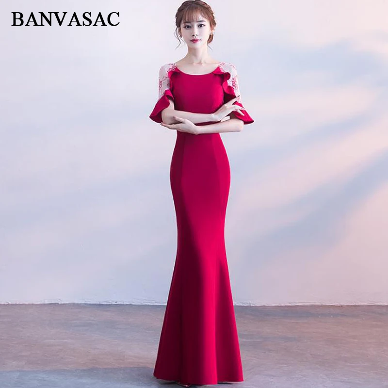 

BANVASAC 2018 O Neck Ruffles Half Sleeve Mermaid Long Evening Dresses Vintage Party Lace Embroidery Prom Gowns