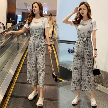 

Two Piece Set 2019 Summer Korean Letter Tops White Printing Overalls For Women Fashion Preppy Style Suit Woman Plaid 2 Piece Set