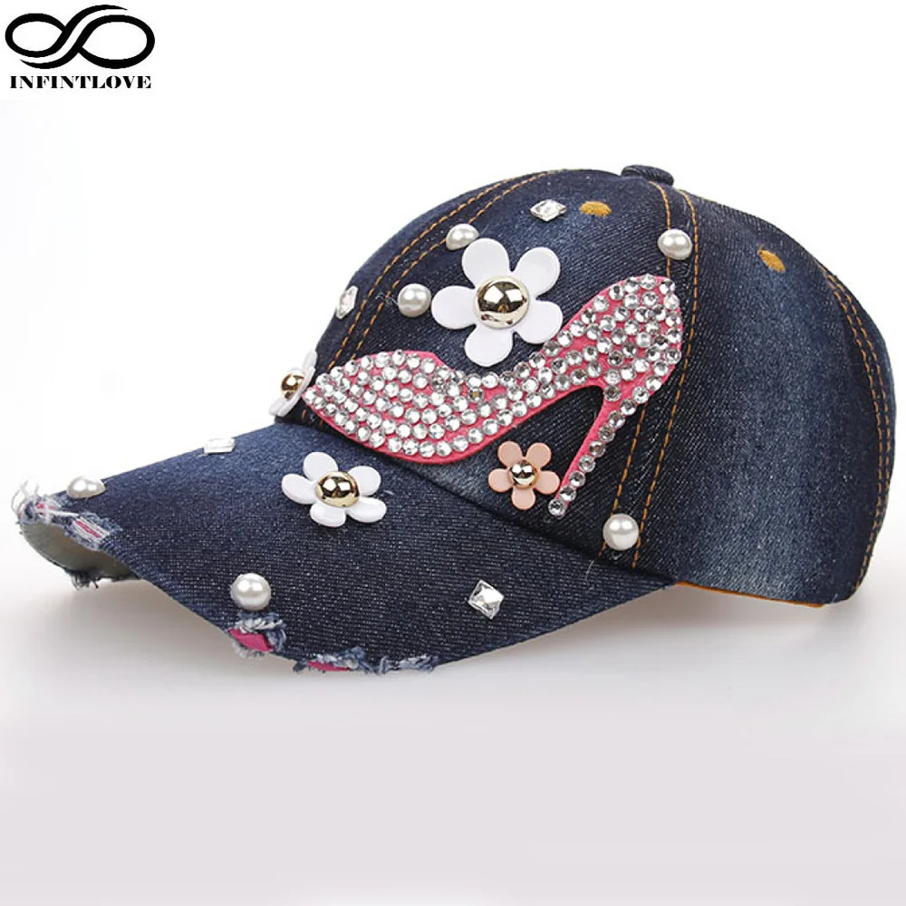 Baseball High Heels Promotion-Shop For Promotional Baseball High INFINITLOVE Fashion Design High Heels Women Girls New Design Diamonds Studded Cowboy Denim Casual Baseball Cap Snapback Sun Hat - Baseball High Heels Promotion-Shop For Promotional Baseball High