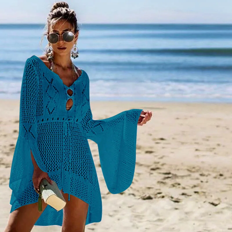 7 цветов, новое летнее модное платье, женское ажурное трикотажное платье с рукавом-трубой, Пляжная блузка, Пляжное платье для отдыха