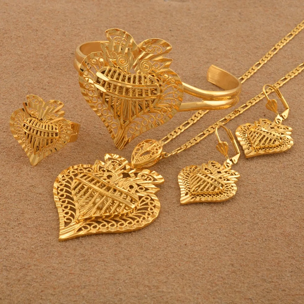 Anniyo/сердце ювелирные комплекты dubai ожерелья серьги, кольцо, браслет в африканском стиле золотой цвет арабский свадебные аксессуары#020506