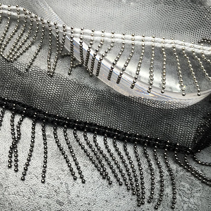 1 ярд ручной работы из бисера черный серебряный кружевной отделкой DIY бахромой вечернее платье медные бусины полосы кулон кисточкой сетчатая ткань для шитья кружевная ткань