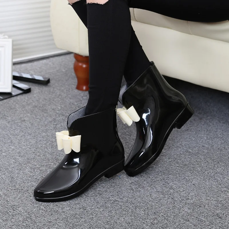 

Women Flower Bowtie Spring Ankle Boot Winter Rain Boots Female Waterproof Solid Rubber Platform Baby Rain Shoes Ladies Footwear