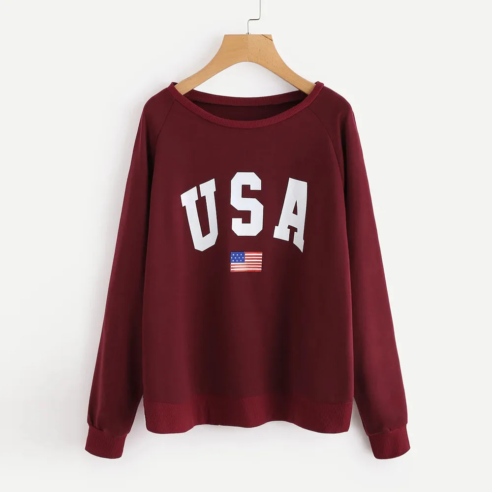

Hoodies Womens Casual USA Solid Long Sleeve Print Sweatshirt Hooded Pullover Tops Blouse Moletom Feminino Womens Hoodies