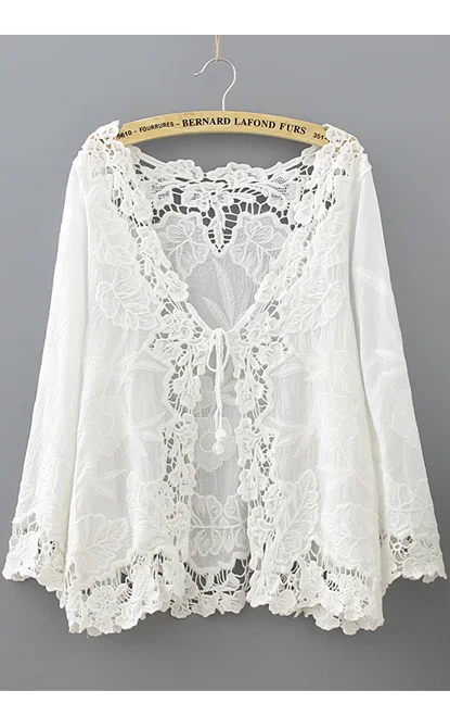 Crochet Lace Kimono Summer 2019 Fashion Holiday Lace Up Tops Women Long Sleeve Hollow Out White Blouse Beach Kimono Cardigan