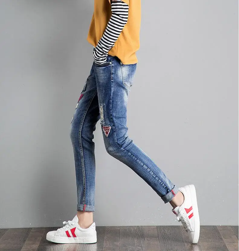Moda jihan Для женщин Джинсы для женщин Брюки для девочек Мотобрюки для женщин Нашивки сделать старый Винтаж Жан Мотобрюки Дамская мода рваные