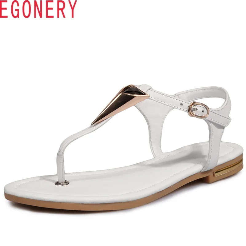 

EGONERY 2108 summer new genuine leather t-strap sandals rhinestone flat with non-slip simple three colors ladies sandals