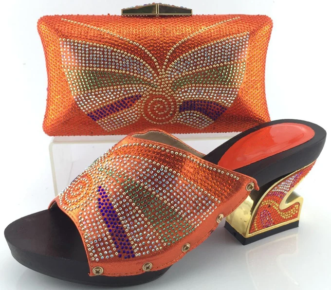 Orange Color Matching Shoes and Bag Set for Wedding Italian Ladies Shoe