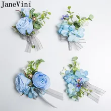 JaneVini синий цветок бутоньерка мужские Женихи искусственная Роза корсаж цветок на руку для подружки невесты набор брошь бутоньерки