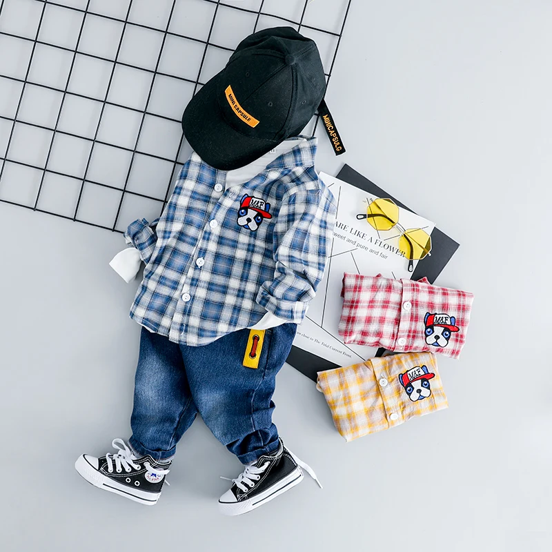 

ZWXLHH 2019 Spring New Baby Boys Clothing Sets Toddle Infat Clothes Suit Children Kids Plaid Dog Shirt Pants Casual Suit