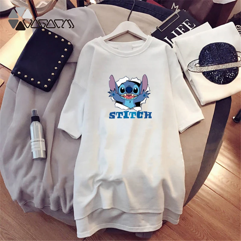 

2019 Disney Summer Women Dresses Stitch Cartoon Print Casual Loose Black White Mini Women Clothes Plus Size M-4XL Cute Dress