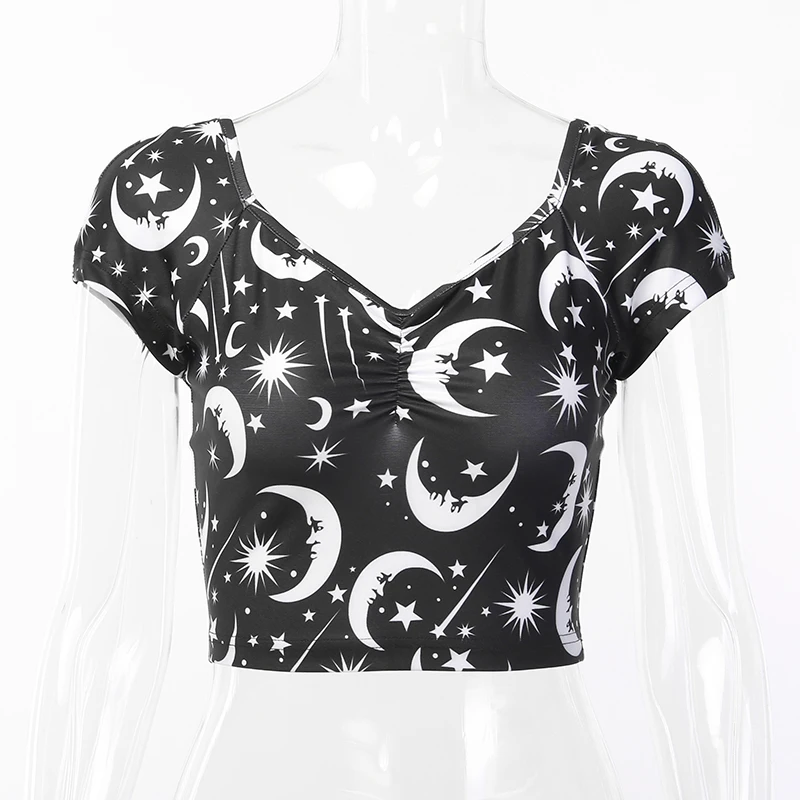 WannaThis Moon Stars Печатный укороченный Топ для женщин короткий рукав кроп Топы Черный готичный панк стиль Глубокий v-образный вырез Тонкий Повседневный сексуальный топ топы