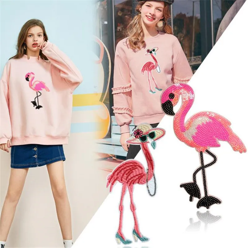 

T shirt Women iron on patch sequins 25cm flamingo deal with it biker patches for clothing stickers 3d t shirt mens free shipping