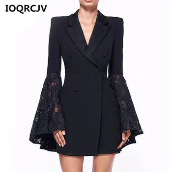 

Autumn Vintage Bouble Breasted Women Blazer Spring Pockets Jacket Female Trumpet Sleeves Suits Coat Work Feminino Outerwear R390