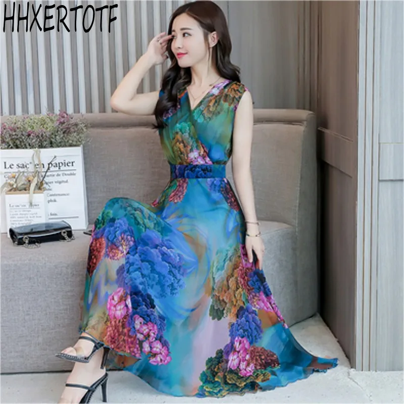 

Chiffon Dress 2019 Summer New Printed slim Female V Neck Sleeveless Bohemia Long Dresses Plus Size