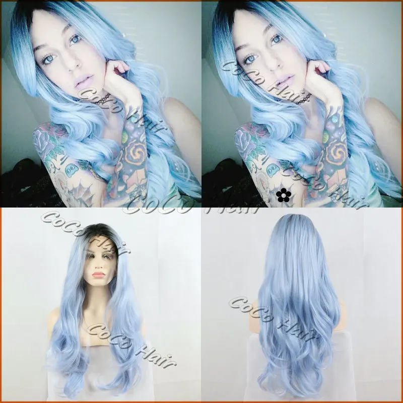 Привлекательный Длинными Волнистыми Волосами Синий Ломбер Синтетический Парик