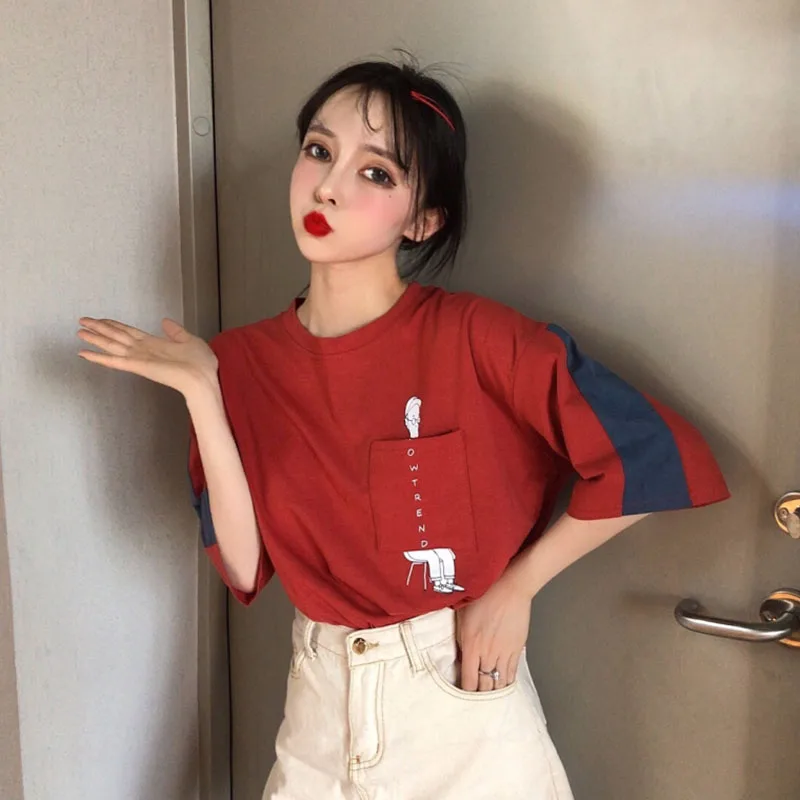 fashion brand summer style Korean Women's Clothing T-Shirts sweet loose patchwork o-neck pockets ladies tops camisetas mujer