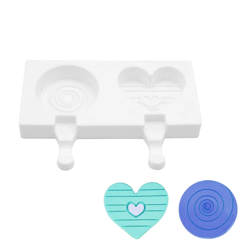 

2 Cavities Lovely Heart Shape And Round Combination Silicone Ice Cream Mold Reusable Ice Cubes Tray Frozen Popsicle Molds