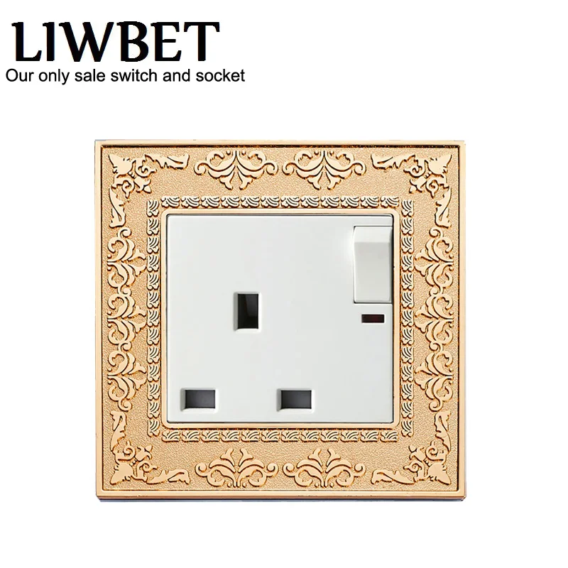 UK Standard 3 pin wall outlet and 13A Gold color sockets with 1 Gang