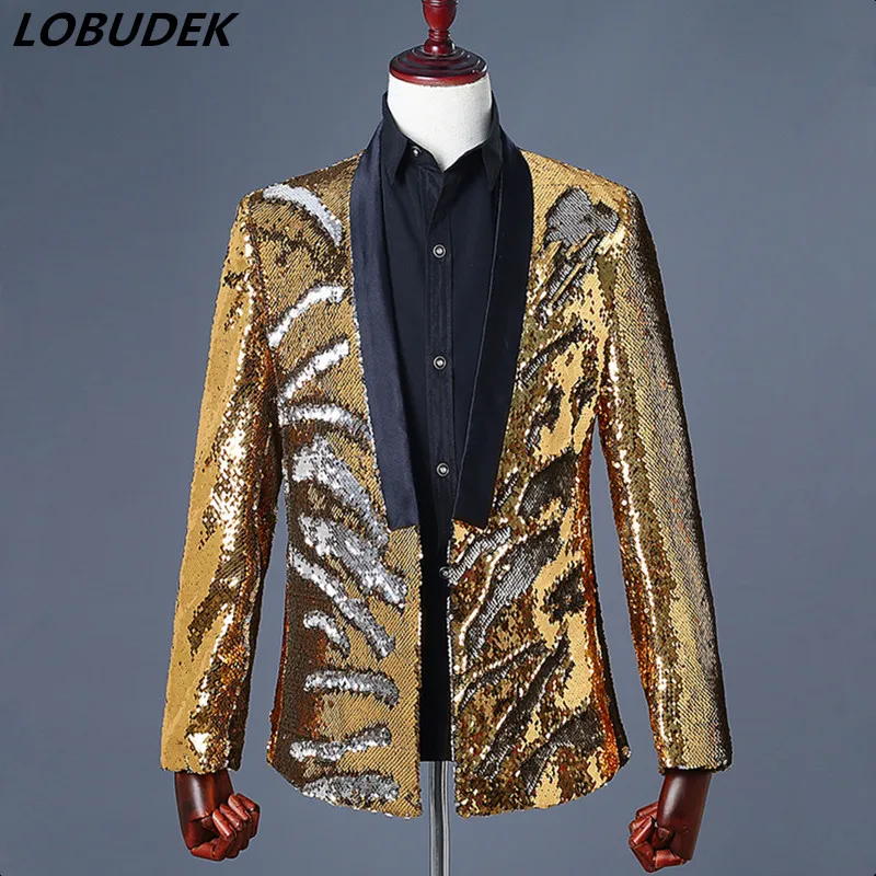 

Colorful Sequins Jacket Coat Gold Silver Double Color Blazers Outerwear Nightclub Bar Men Singer Host Stage Outfit Prom Cosotume