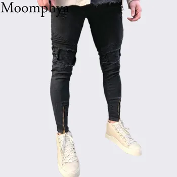 

Moomphya Men Ripped Distressed holes biker jeans Pleated pacthcwork jeans men zipper Slim Fit Skinny Hip hop jeans streetwear