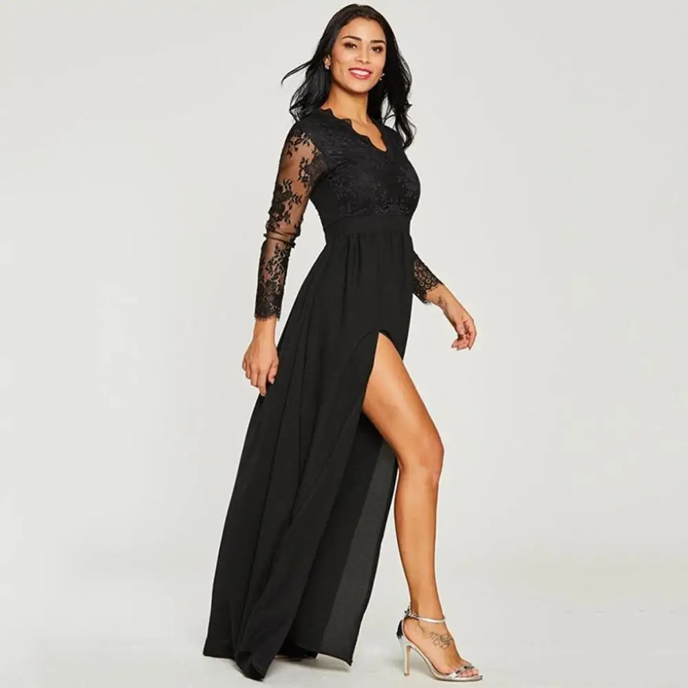Черные кружевные вечерние платья с длинным рукавом, v-образный вырез, высокий разрез, официальное платье, сексуальное, иллюзионное шифоновое платье, женские вечерние платья
