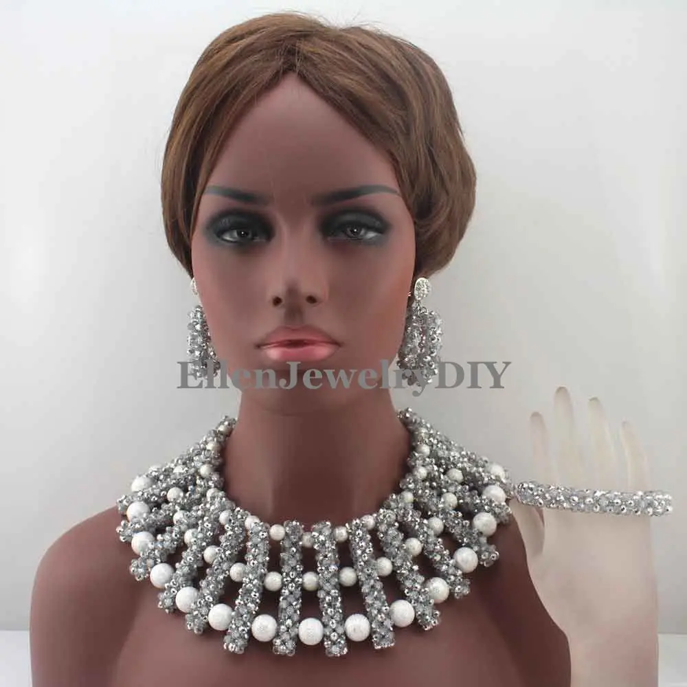 

New Indian Silver Silver African Bride Jewelry Set Nigerian Wedding Party Beads Statement Necklace Set Free Shipping W13275