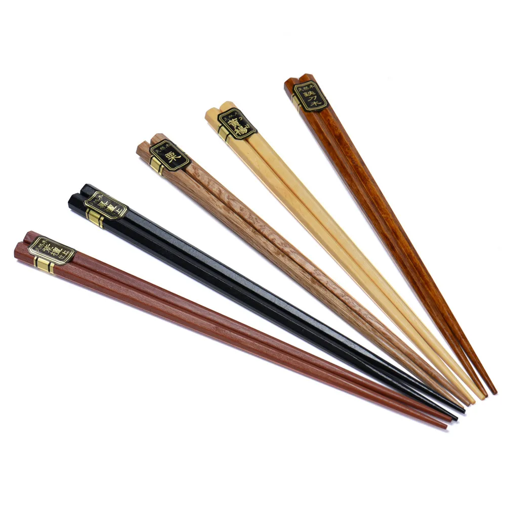 Palillos de madera de estilo japonés, palillos de haya Natural reutilizables, vajilla, herramienta de fideos de Pizza, juego chino, 5 pares