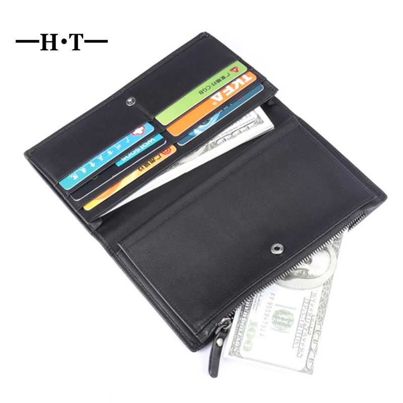 

HT High Quality Wallet Genuine Leather Men Purse Long Clutch Vintage Man Wallet Credit Card Cowhide Money Clip Men Clutch Bag
