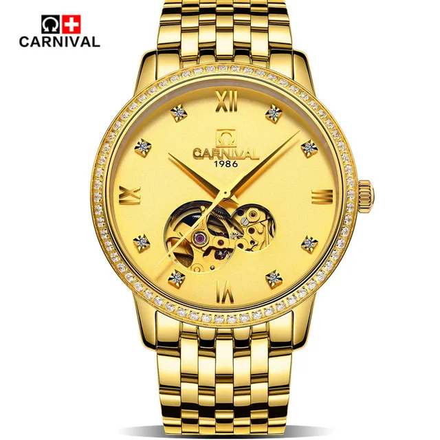 

Carnival Brand Tourbillon Golden Watches Men Miyota Mechanical Japan Movement Diamond Clock For Male Waterproof Stainless Steel