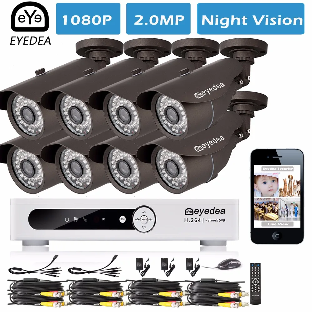 

Mother's Day Eyedea 8CH Phone Monitor Email Alarm Video DVR HD 1080P Bullet Outdoor LED Surveillance CCTV Security Camera System
