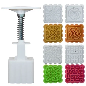 

2020 New Household Moon Cake Mold Hand-pressed Square Moon Cake Tools Mold With 4 Flower Pieces 50G (including Barrels)