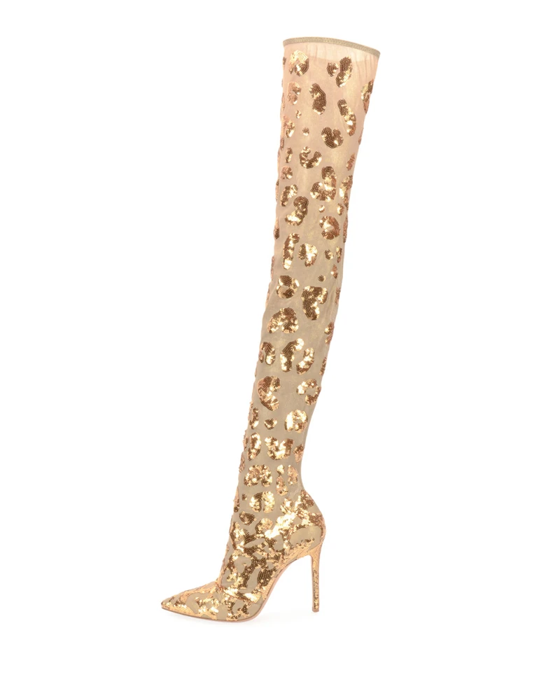 

Dipsloot Women Bling Bling Glitter Microfiber Thin High Heels Runway Dress Boots Ladies Pointed Toe Slip-on Over-the-knee Boots
